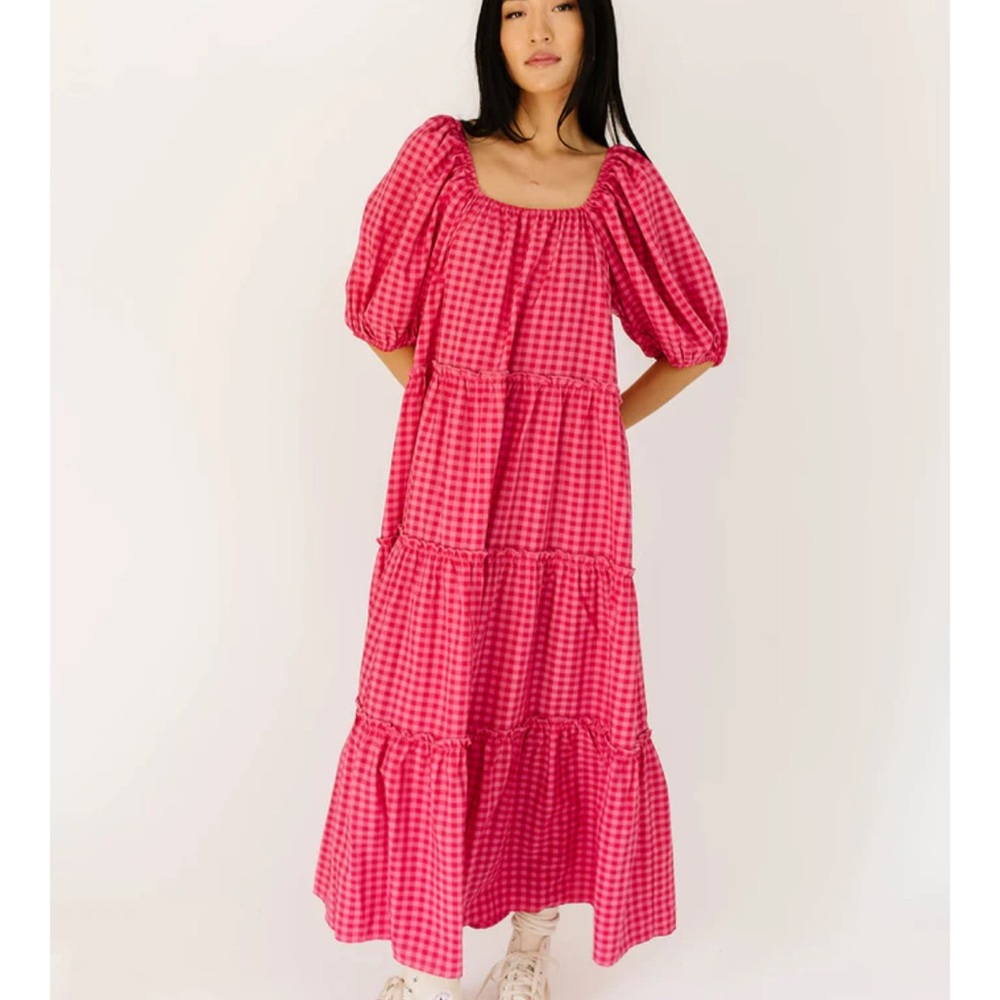 ZOCO Pink Gingham Maxi Dress with Puff Sleeves Size L